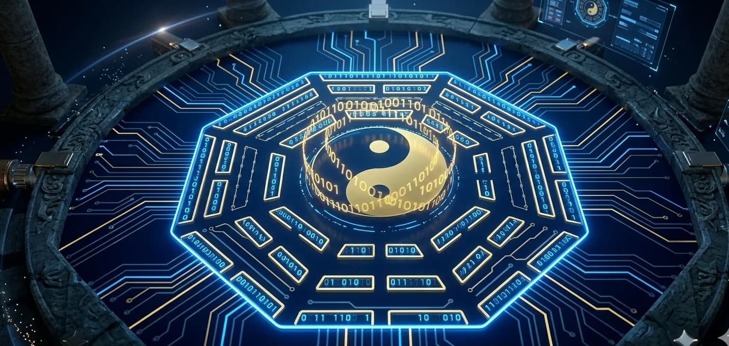 The Binary Genesis — Ba Gua octagram with yin-yang center rendered as a quantum circuit board with binary code